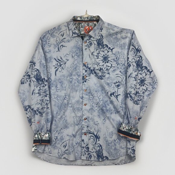 Au Noir Shirt Men Sz 6 Button Up Funky Summer Hawaiian Floral AOP Blue Gingham - Picture 1 of 16